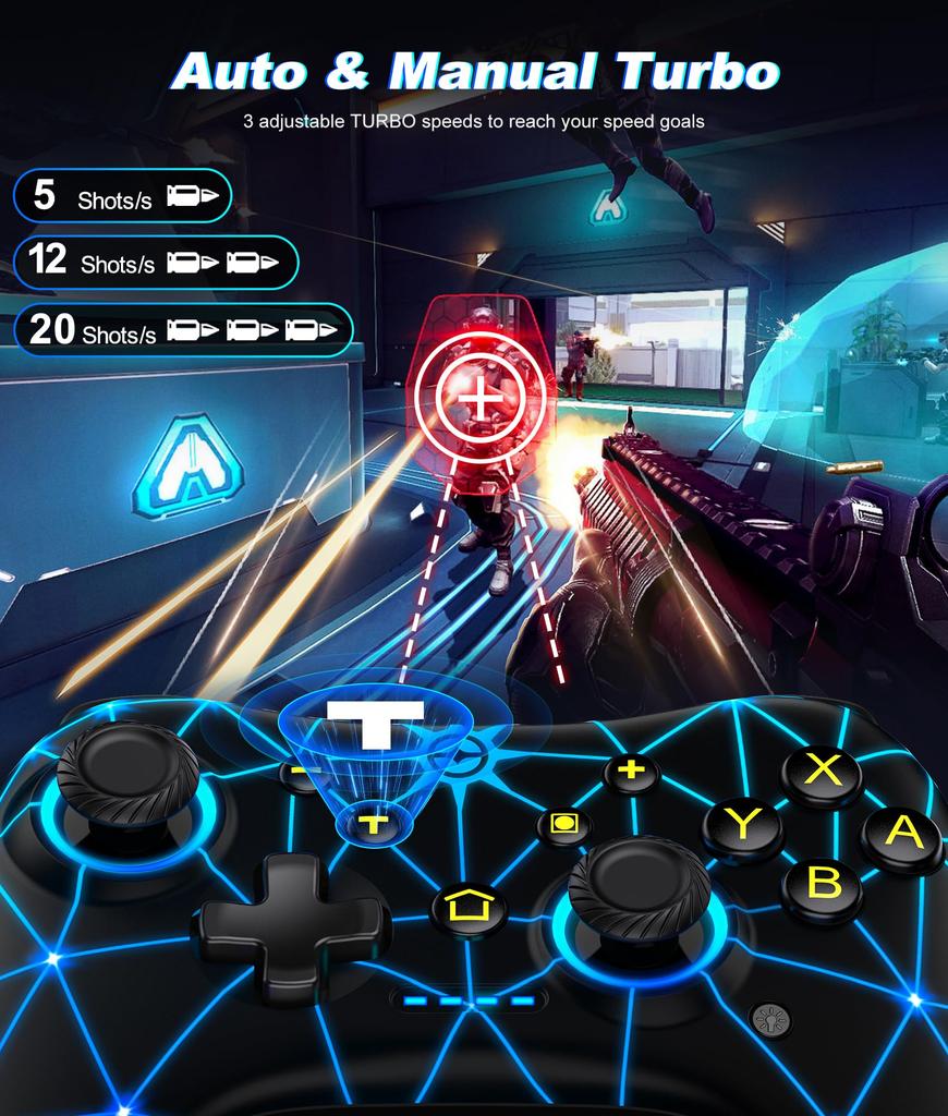 Switch Controller with Macro RGB Rapid Fire Wireless Pro Gyro 4 Vibration and Back Compatible with Switch Switch and iOS Programming, 8-Color Light,