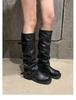 Grape mother two versions of height increase fashionable new belt buckle square round head fold medium tube knight boots boots women's autumn