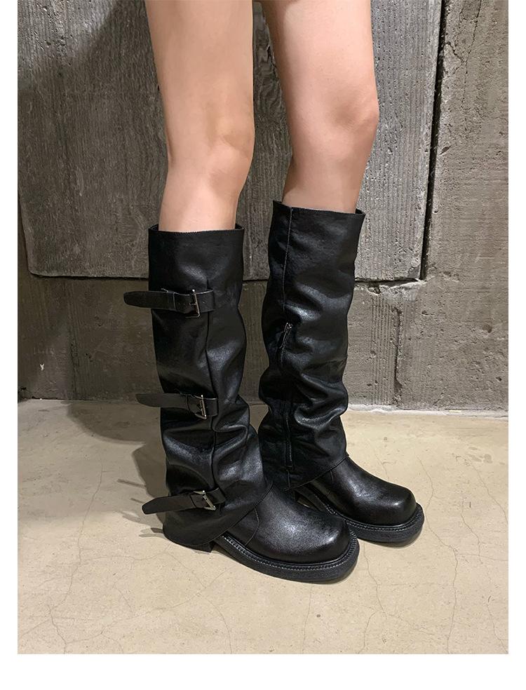 Grape mother two versions of height increase fashionable new belt buckle square round head fold medium tube knight boots boots women's autumn