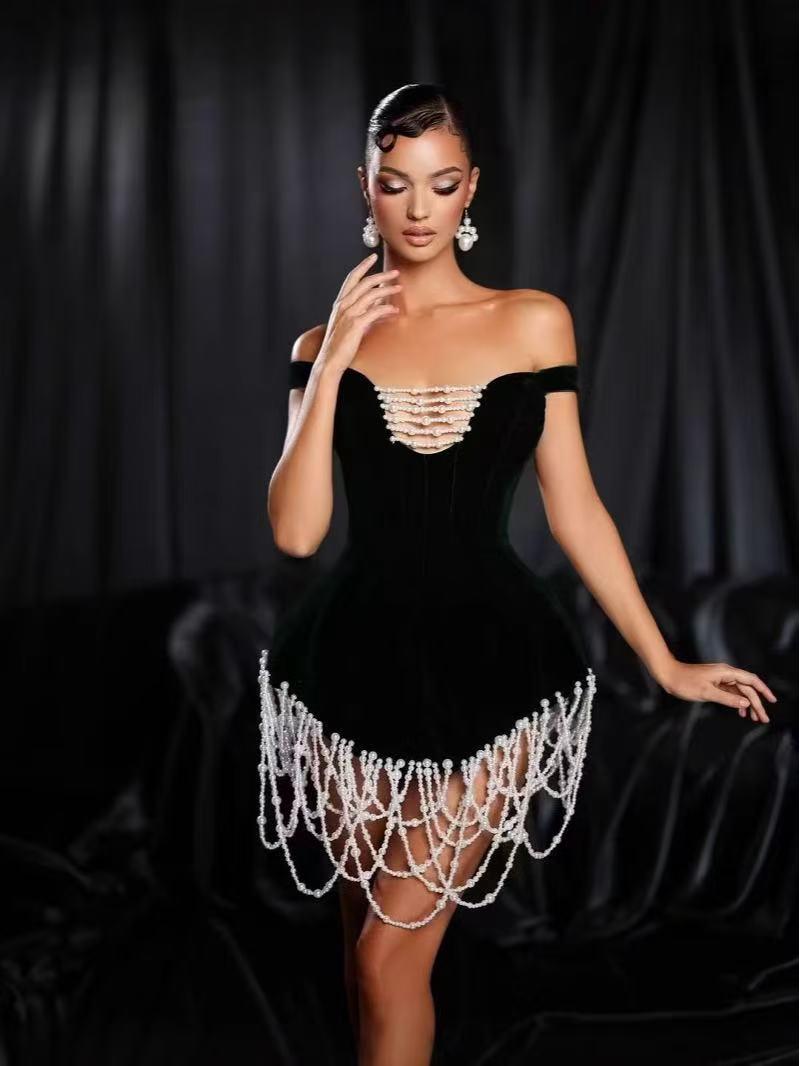 

European & American Style Tassel Party Dress - Low-cut, High-waisted Bandage Skirt Large