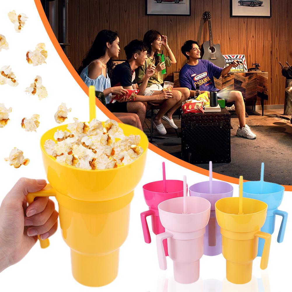 1000ml Popcorn Beverage Cup Multifunction Stadium Tumbler Snack Cup and Bowl Combo Leak-Proof with Straw & Handle for Kids Adult