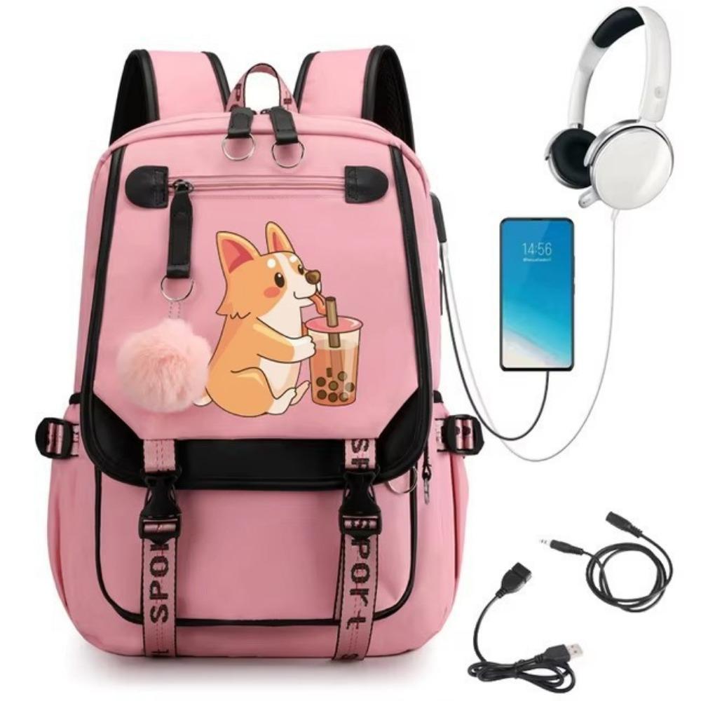 Cute Pattern Corgi Drink Milk Tea Printed Schoolbag Middle School Student Junior High School Large Capacity Schoolbag Travel Bag