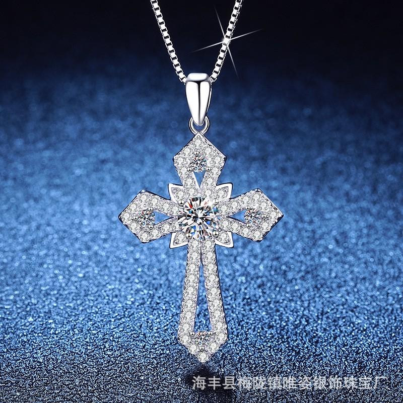 Moissanite Cross Pendant Necklace Women Trendy Light Luxury Hip Hop Style Jewelry