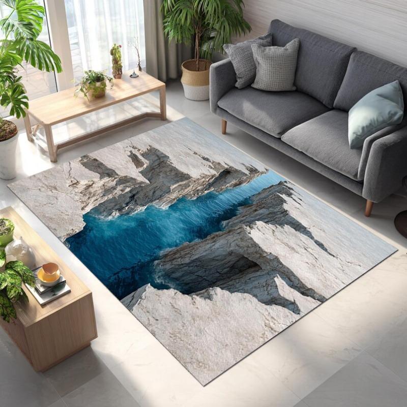 3D Canyon Crack Rug Realistic Geological Fault Carpet with Blue Abyss Optical Illusion Floor Mat for Modern Living Room Decor