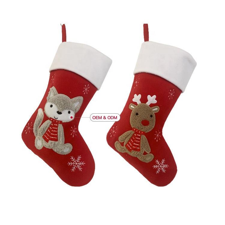 Factory Best Price YF Brand 18 Inch Fox Elk Cartoon Pattern Red Candy Polyester Embroidery Custom Christmas Stocking Decoration бордовый