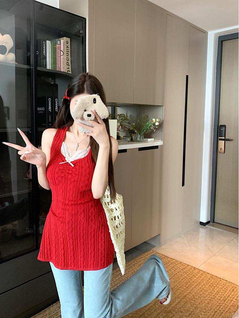 Korean Style Lace Knit Slim-Fit Vest Blouse for Women - Summer Casual Solid Color Pullover