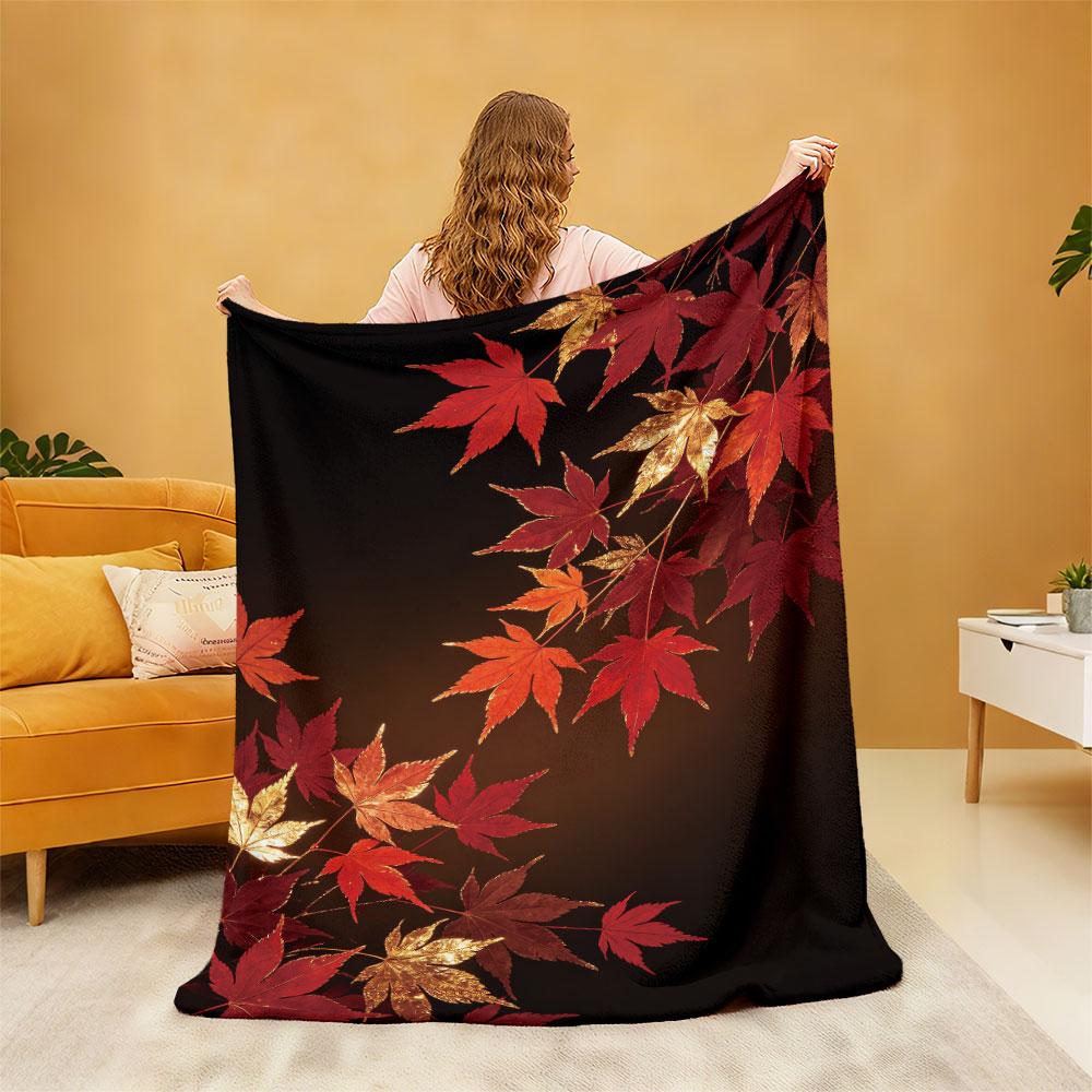Red Gold Contrast Maple Leaf Flannel Blanket Multi Sizes Soft Casual Sofa Cover Light Nap Blanket For Office Break Daily Ind