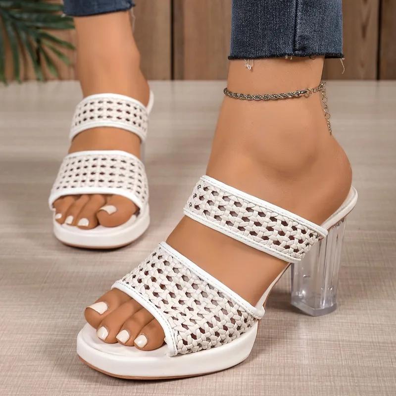 2026Women's High Heels Slippers Crystal Square Round Toe Braided Upper Shoes  Leisure Summer New Breathable Zapatillas De Mujer