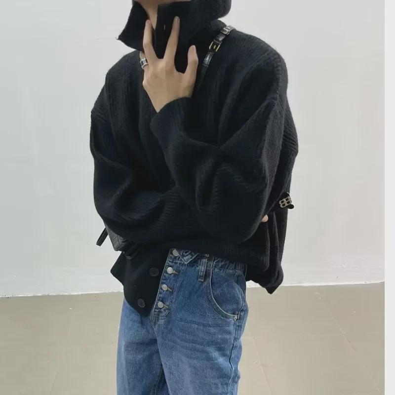 Men's Thickened Turtleneck Sweater with Button Decoration - Loose Fit Cardigan