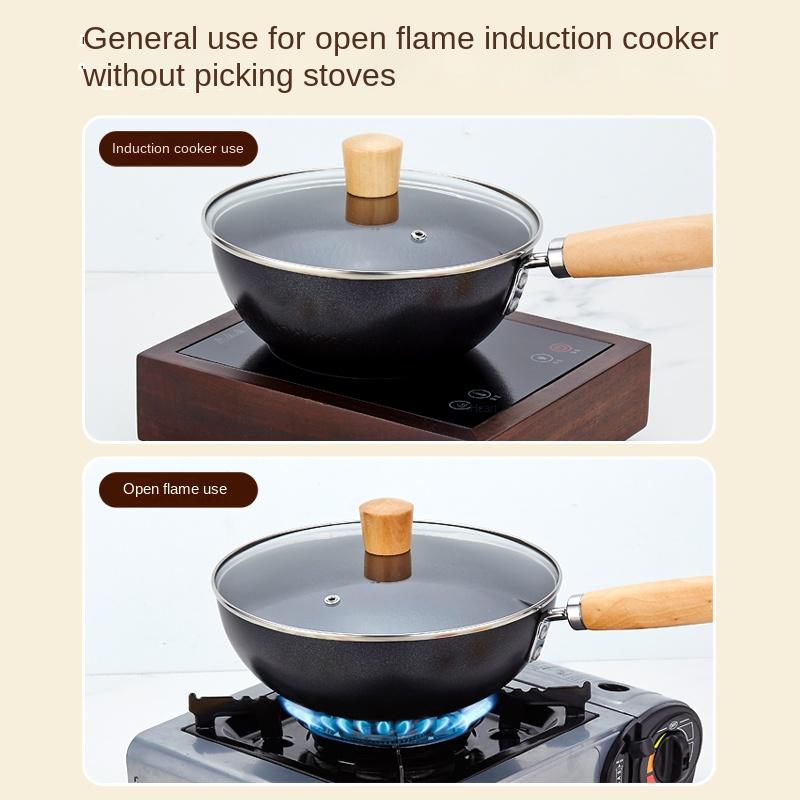 Household Frying Pan for Induction Cooker and Gas Stove, Flat Bottom Pan, Iron Wok