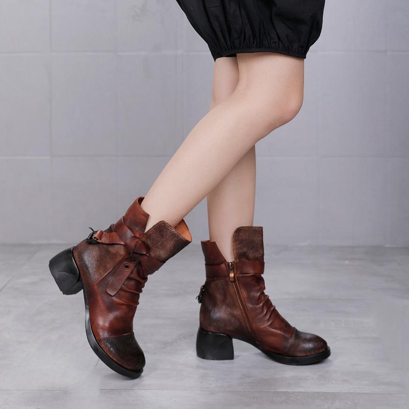 Fashion GKTINOO Women Motorcycle Boots Genuine Leather 2025 New Zip Round Toe Women Shoes Sewing Handmade Retro Mid-Calf Platform Boots