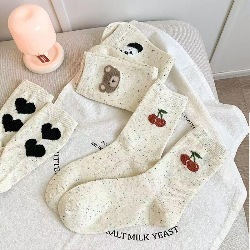 5 Paar Damen Baumwolle Mid-Calf Socken Cartoon Niedlich Preppy Stil Schweißabsorbierend Sommersocken für Damen