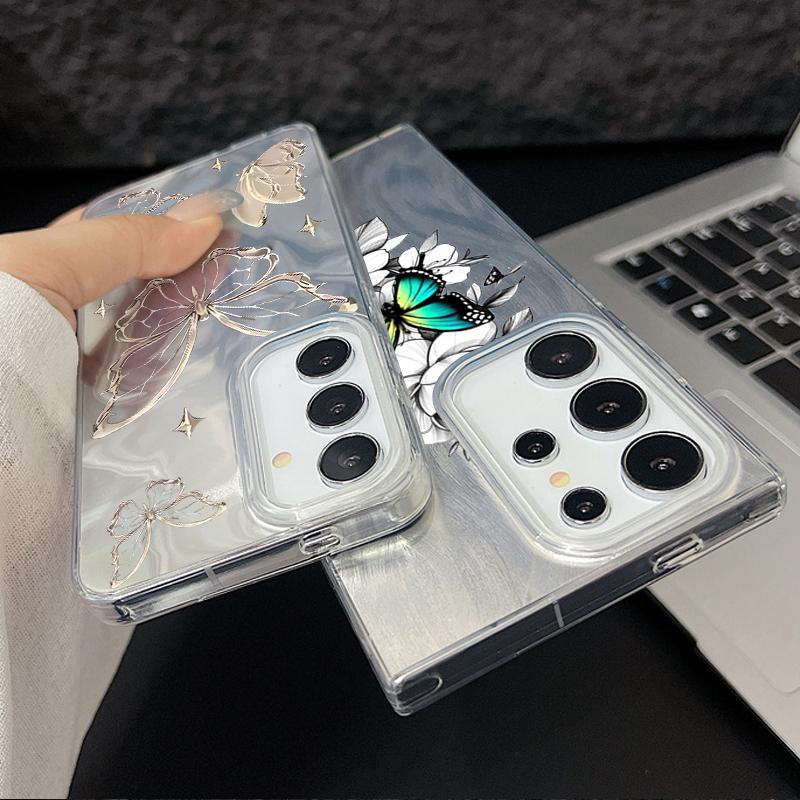 Laser Phone Case For Samsung Galaxy S25 S24 S23 Ultra S24 FE S22 Plus A55 A15 A16 A35 A25 A54 A56 5G Gold Butterfly Print Cover