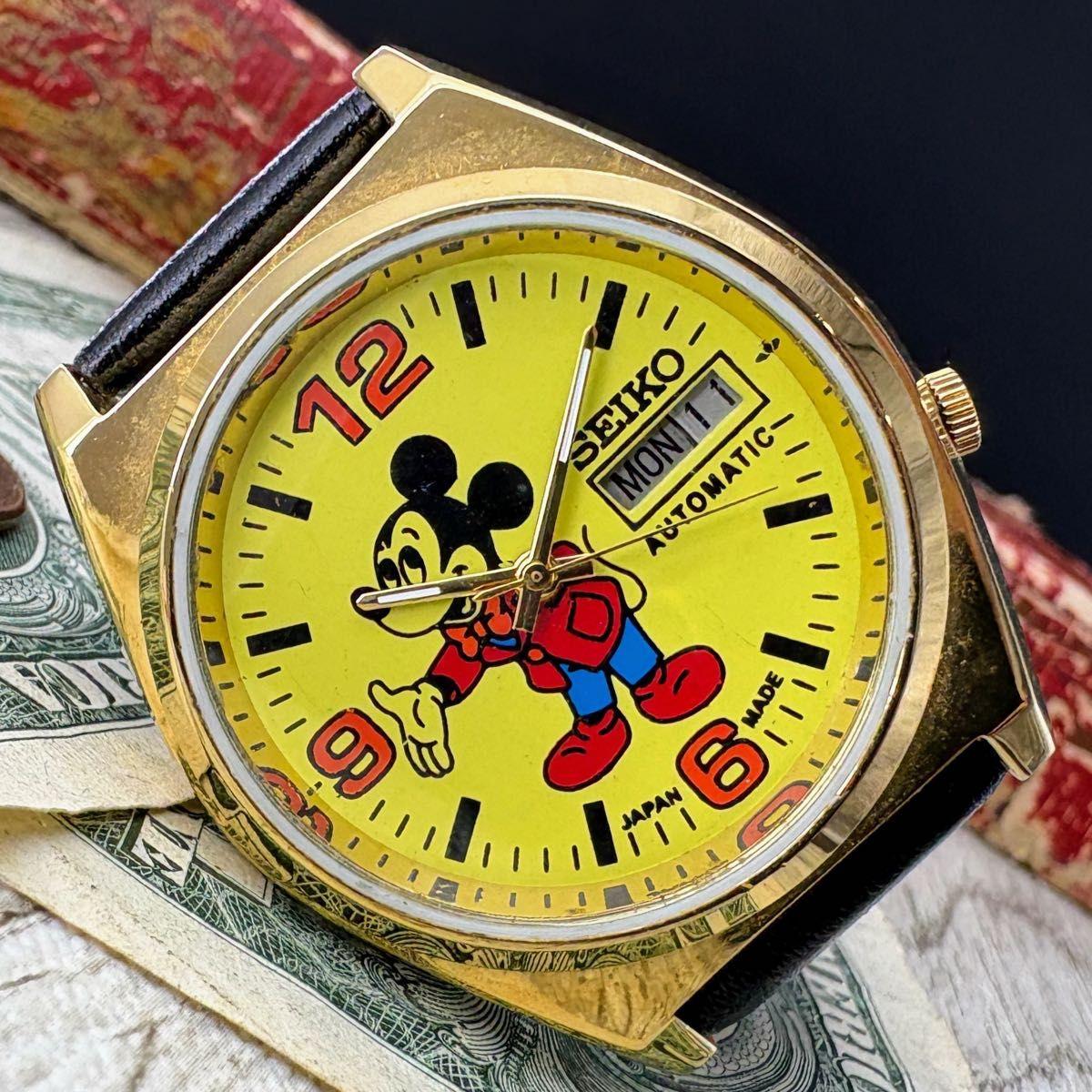 Used [Mickey as your buddy] SEIKO Men s Watch Yellow Automatic Vintage