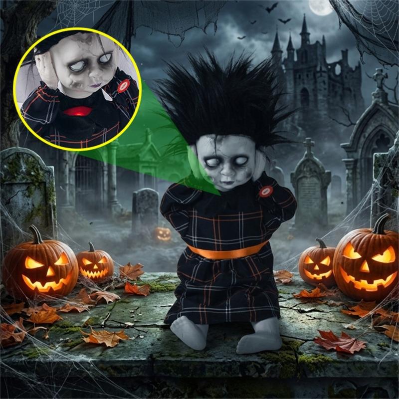 Scary Specters Doll With Electric Head Rise And Red Light Laughing Sound Parties Supplies For Haunting House Decors