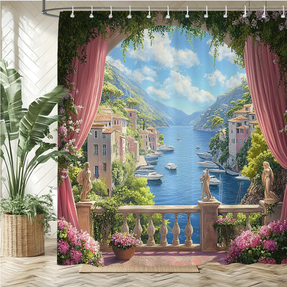 Garden Flowers Beach and seaside scenery style printed fabric shower curtain bathroom curtain,home decoration curtain with hooks