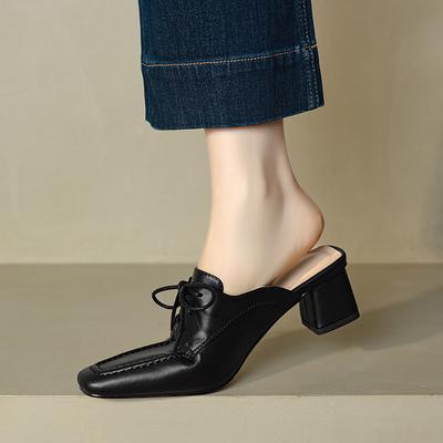 Mode Neue Sommer Damen Schuhe Echtes Schafsleder Hausschuhe Damen Geschlossene Zehen Dicke Hohe Absätze Partykleid Pantoletten Damen Sandalen