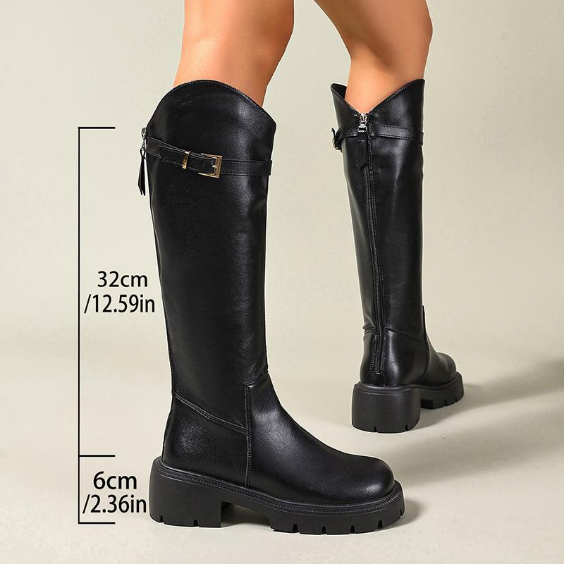 Women's Knee High Riding Boots Fashion Buckle Strap Chunky Heel Knight Boots Woman Black Platform Pu Leather Long Botas De Mujer