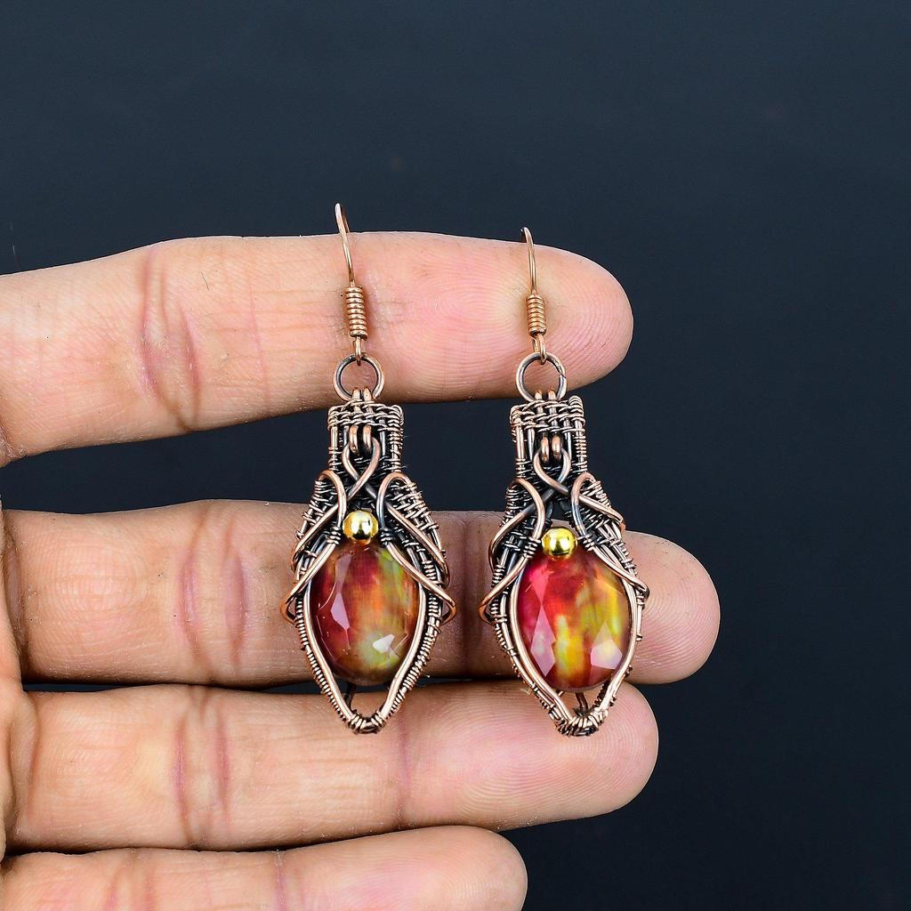 Ammolite Earrings Gemstone Jewelry, 999 Copper Wire Wrapped Handmade Earrings, Latest Design Jewelry