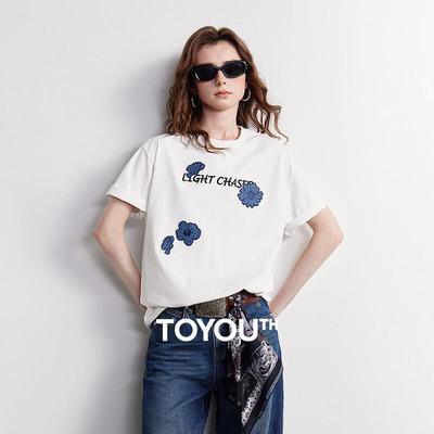 Chuyu Women's Denim Floral Short Sleeve T-Shirt