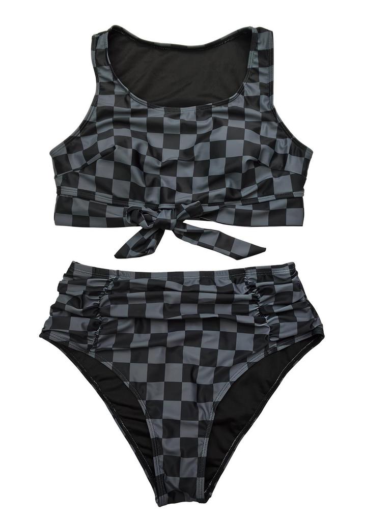 2026 European & American Plus Size Sexy Plaid Bikini - High Waist Tummy Control Two-piece Swimsuit
