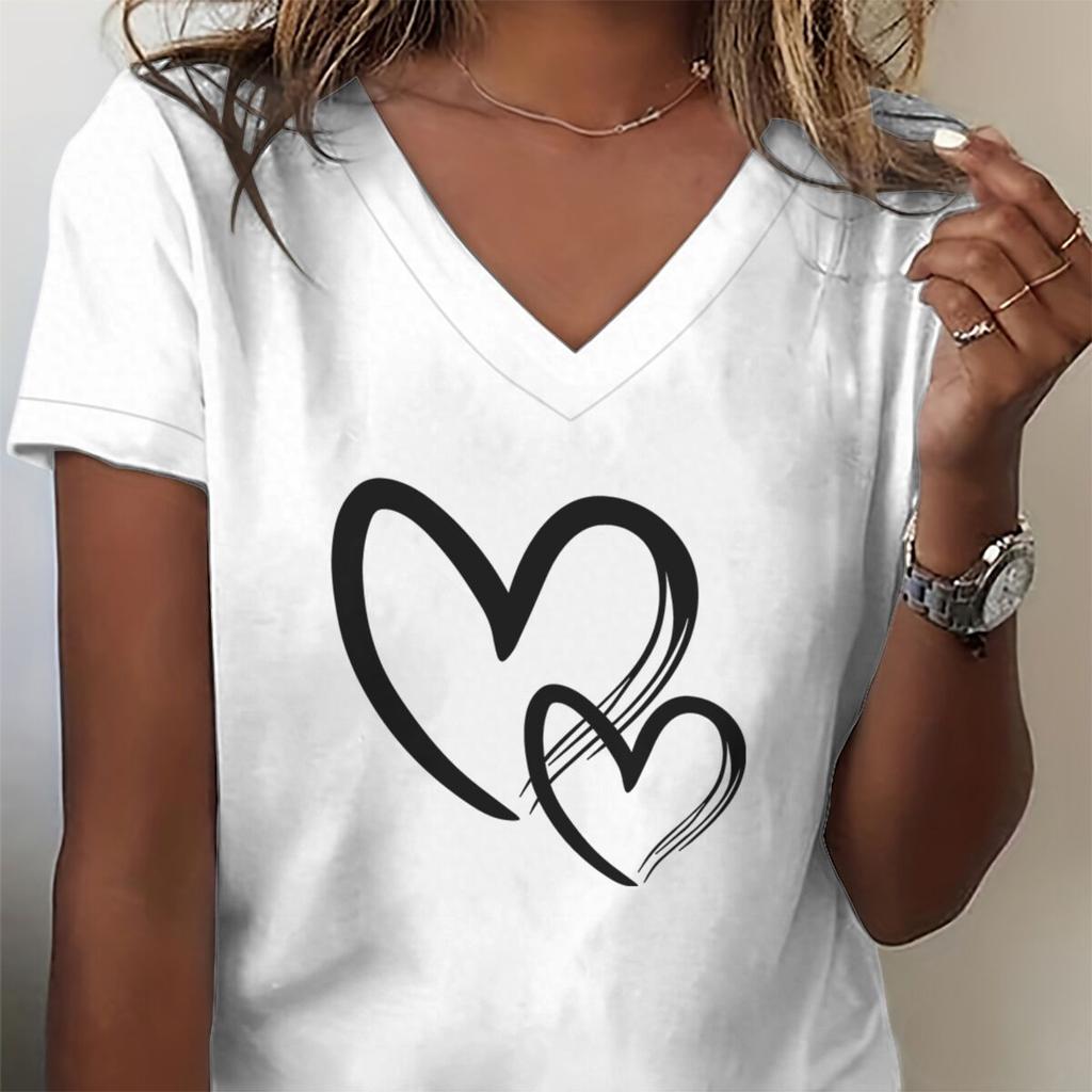 Heart Love Print Tshirt Female Ladies Harajuku Casual Tops Summer Short Sleeve Vneck Tshirt Heart Graphic Unisex Clothing
