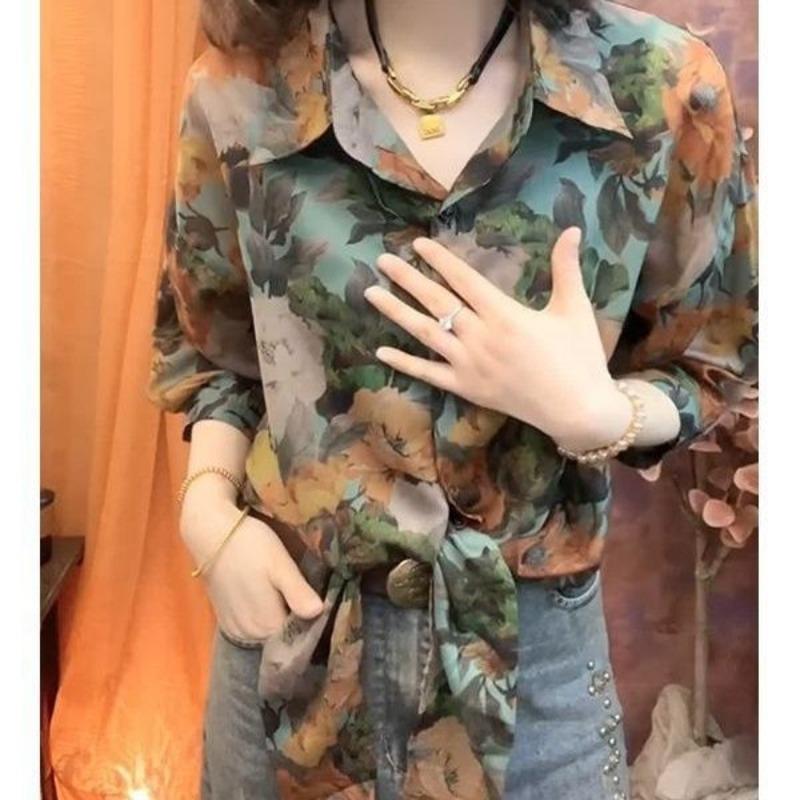 Fashionable Retro Printed Chiffon Blouses 2024 Summer New Women's Polo Neck Button Loose Simple Commute 3/4 Sleeve Shirts Tops