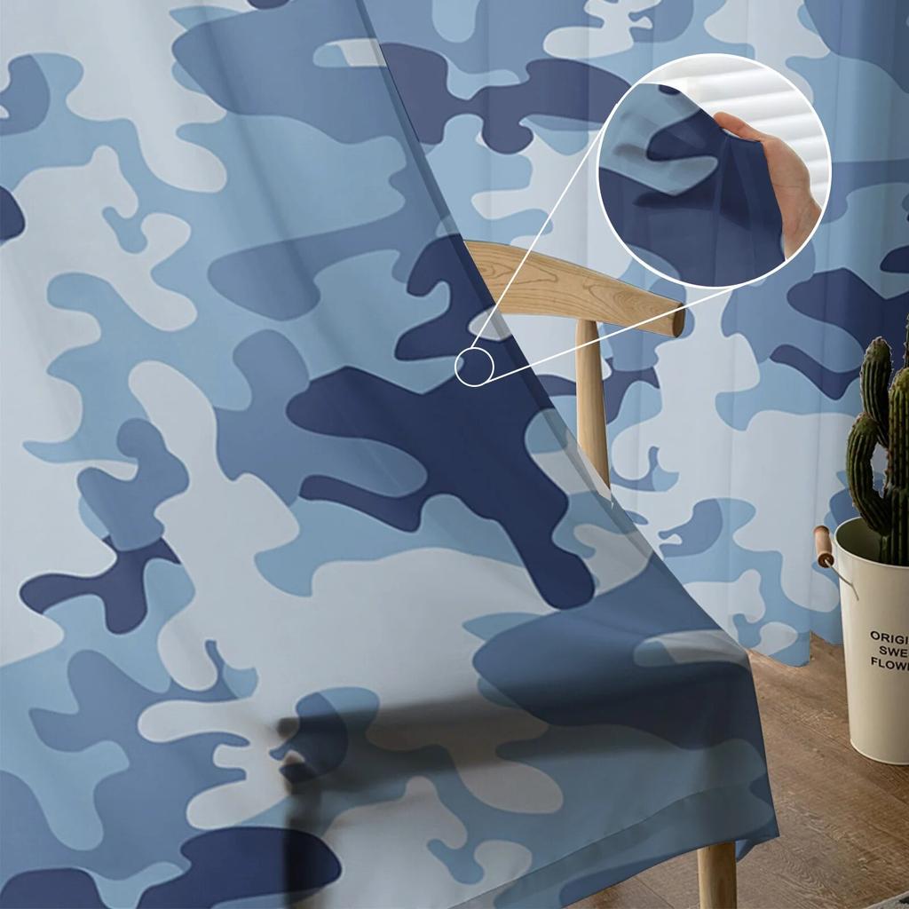 Blue Camouflage Printed Sheer Tulle Curtains for Bedroom Living Room Balcony Outdoor Summer Home Decor