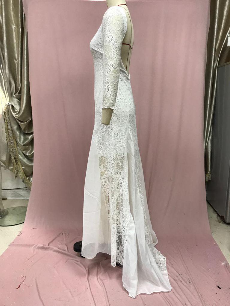 2025 Spring European & American Women's Celebrity Banquet Wedding Dress - Round Neck, Long Sleeve, Printed, Backless Lace