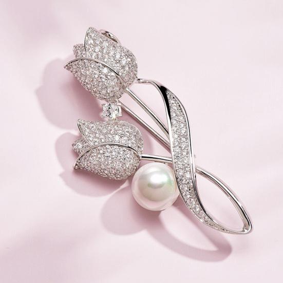 Women Brooch High-Gloss Rhinestone Inlay Imitation Pearl Decor Sparkling Tulip Design Lapel