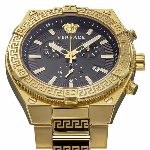 Versace Sporty Greca Watch, 46mm, VESO00922, Men's, Gold, Black Dial, Quartz Movement, Water Resistant, Sapphire Crystal