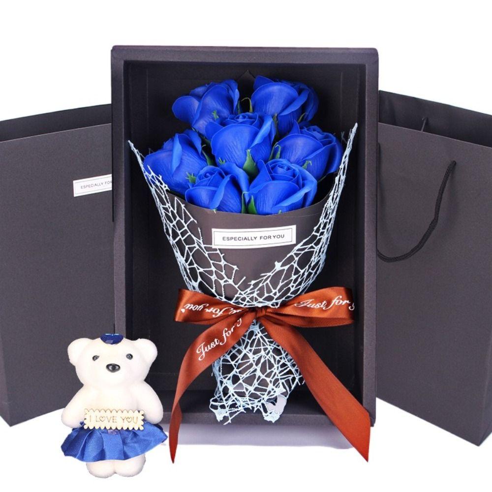 With Bear Doll 7 Rose Soap Bouquet Packing Box Artificial Flowers Rose Bouquet Gift Box Ribbon Bow Simulated Rose Bundle
