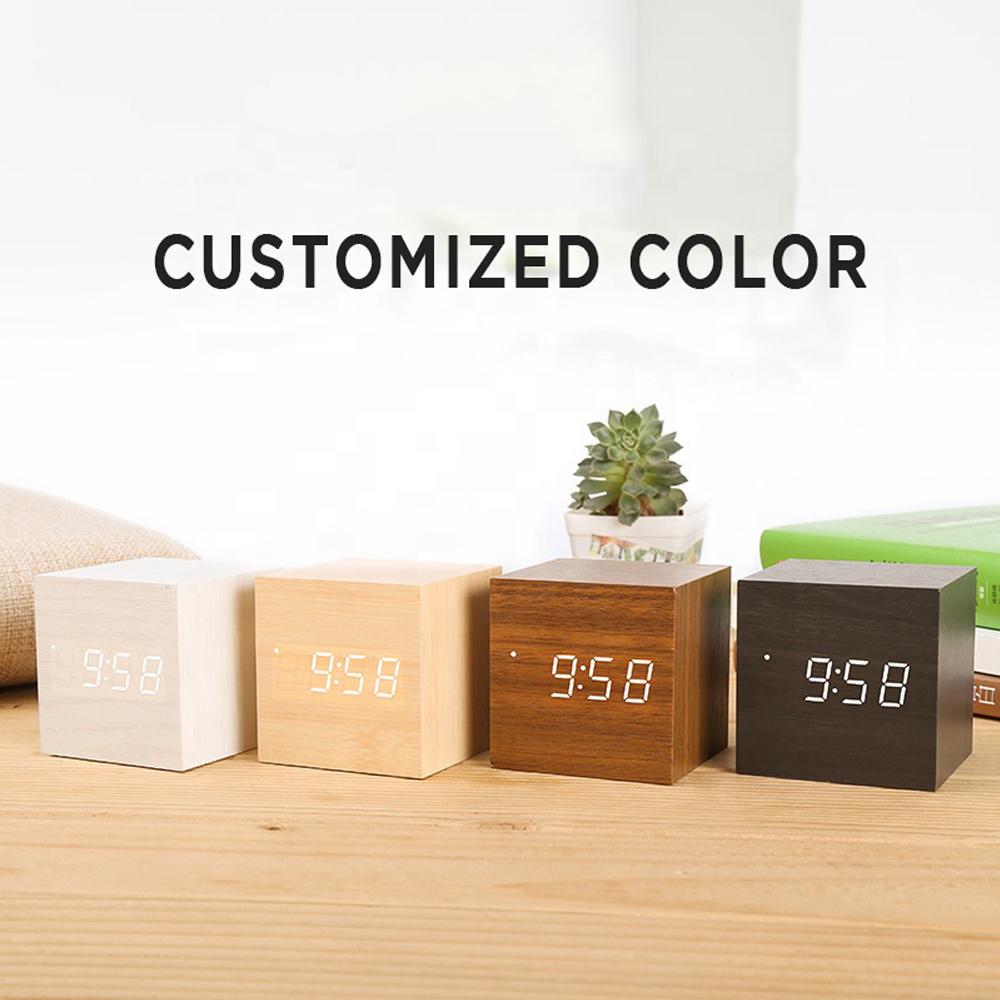 2022 Tabletop Temperature Time Display Electronic Wooden LED Digital Pixel Wireless Alarm Table Clock with Sound Control