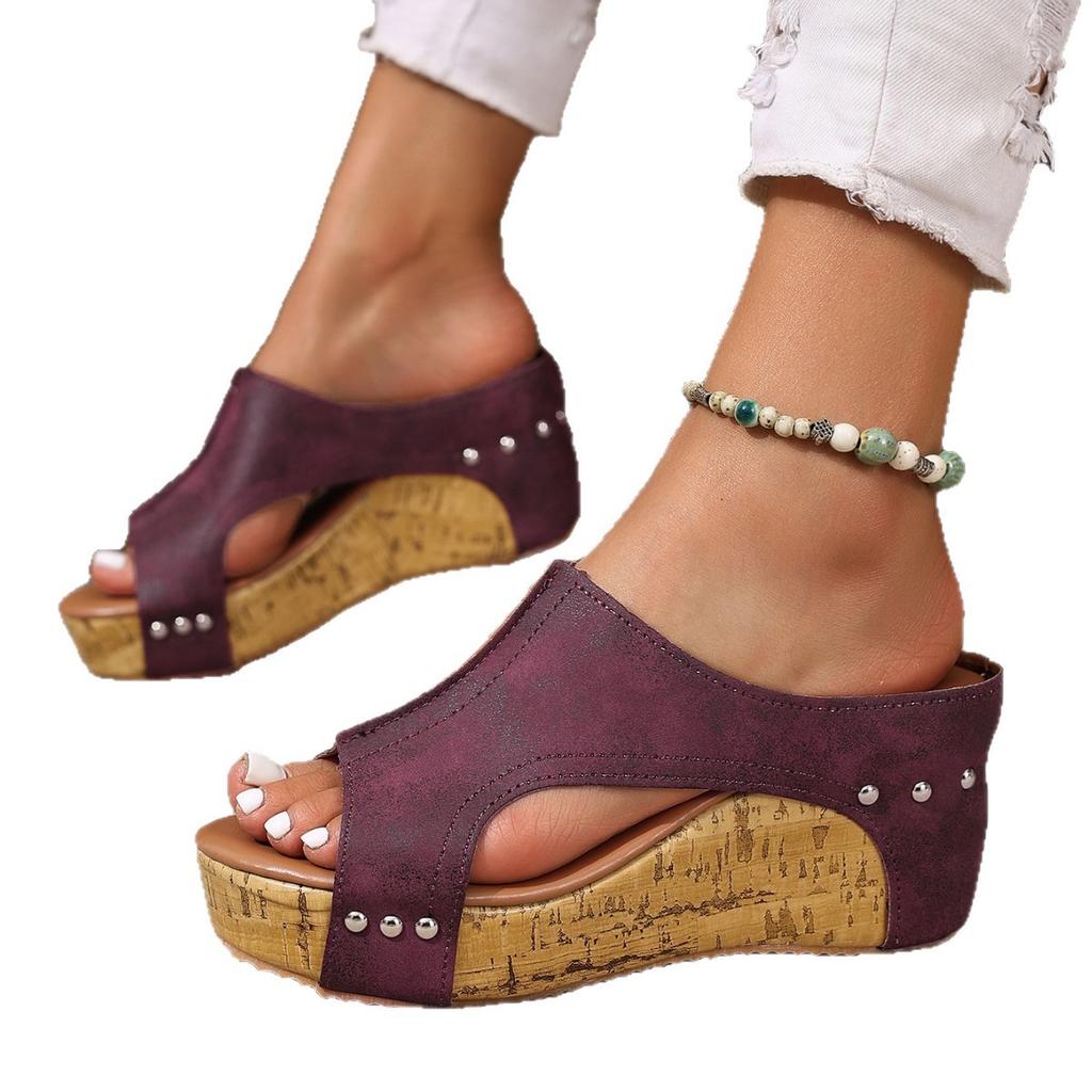 Foreign trade large size slope heel cool slippers 2025 summer new retro platform Roman sandals women's fish mouth muffin slippers