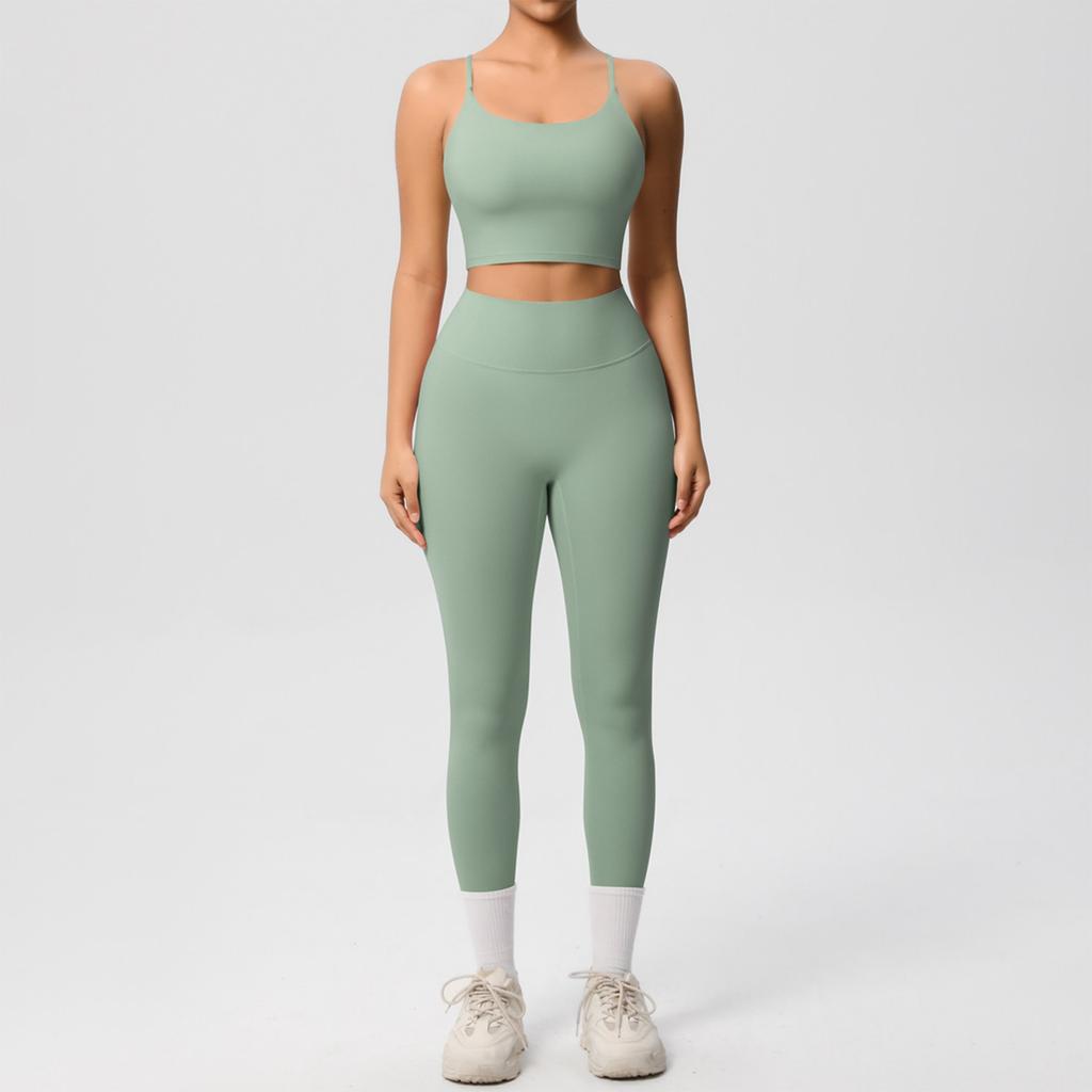 Women's Fashion Solid Color Back Top Tight Breathable Yoga Suit Set Sports Running Fitness Pants Two Piece Set