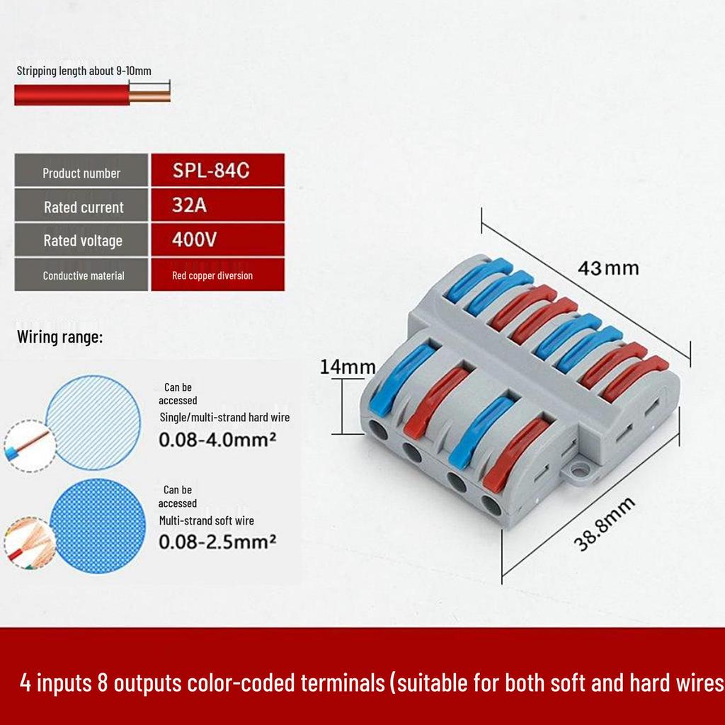 SPL-Splitter: 2-in-10-out, 2-in-12-out Quick Wiring Terminal, Press-Type, Orange/Multicolor.