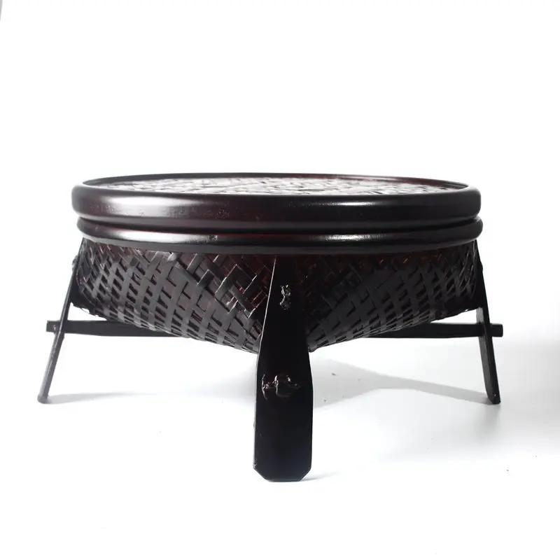 Chinese Style Coffee Table and Thai Style Retro Kung Fu Tea Set with Bamboo Basket with Lid Round Coffee Table for Domestic Use