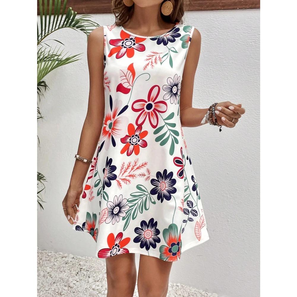 Women's Floral 3D Print Sleeveless Dress Vintage Flare Flower Dresses Woman Summer Oversized Female Clothing Y2k Ladies Clothes