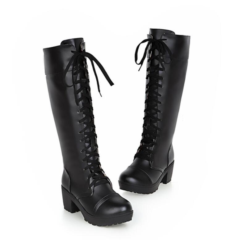 Long boots, women's new autumn and winter cos shoes, white, black, tall front lace-up Martin boots, medium heel women's boots.