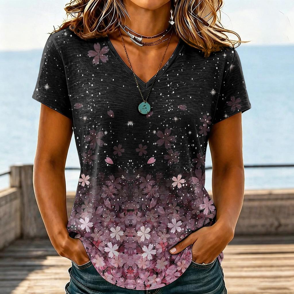 Women Casual V Neck Floral Print T Shirt Short Sleeve Lightweight Loose Fit Top for Everyday Wear