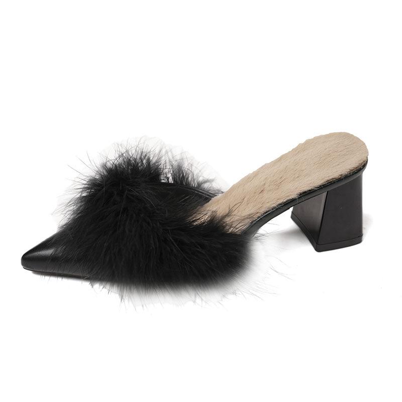 2024 Autumn New Foreign Trade Large Size Fine Heel Cool Slippers One-word Drag Bag Head Wear High Heel Slippers