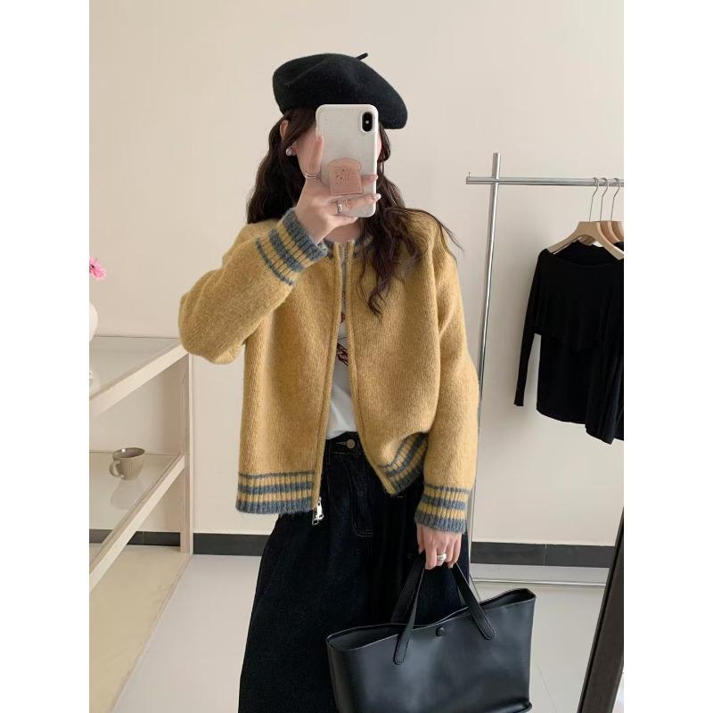 

Контрастный цвет, трикотажный кардиган с круглым вырезом, бейсбольная майка, весенняя новинка, свободная, на молнии, мягкая, восковая, повседневная куртка-свитер, женская one size fits all