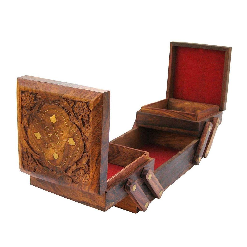 Wooden Jewellery Box (Brass n Carving) for Women/girls Flip Flap Handmade Gift, 8 Inches …