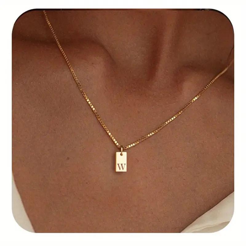 Exclusive 18K Gold Vacuum-Plated Stainless Steel Engraved Square Pendant Necklace with Alphabet Letters
