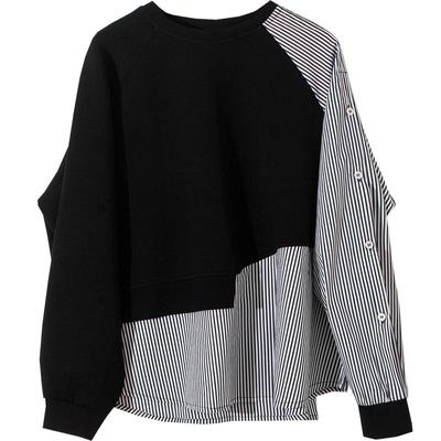 Frauen Mode Gefälschte Zwei Stücke Design Sinn Spleißen Rundhals Sweatshirt Herbst Unregelmäßigen Streifen Lose Baumwolle Top