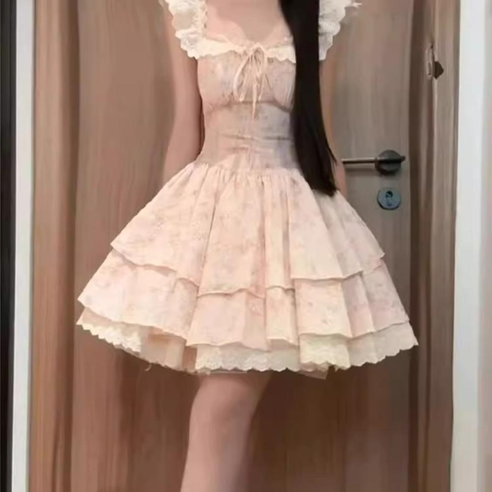 Pink Floral Small Flying Sleeve Dress, Gentle and Sweet, Beautiful and Unique Waist A-word Puffy Skirt