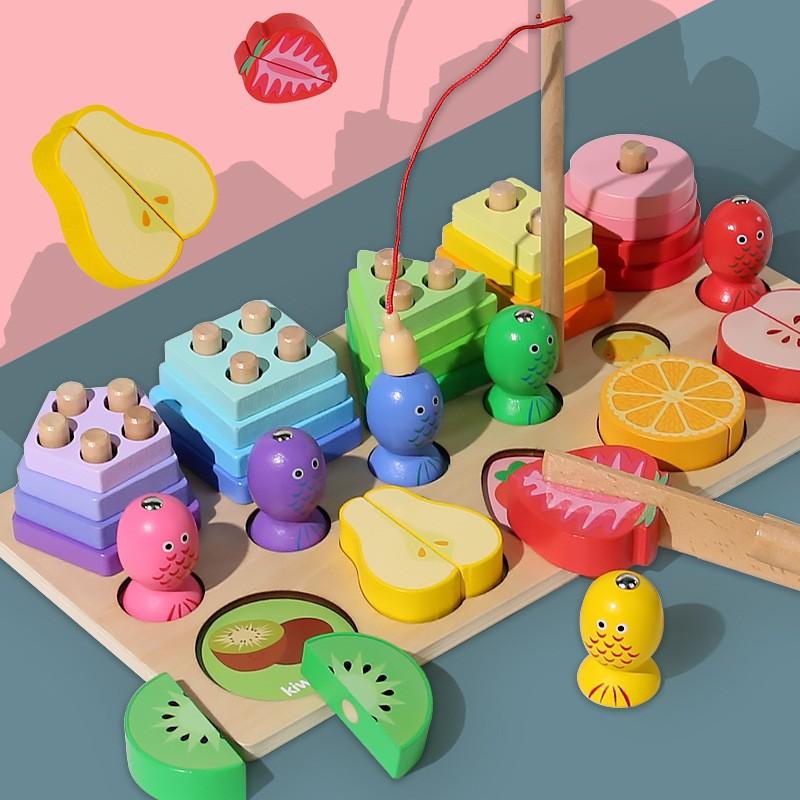 Dětská raná výchova multifunkční tvarové párování stavební blok sloupek magnetické rybaření tahání ředkvičky chytání hmyzu rodič-dítě dřevěná hračka