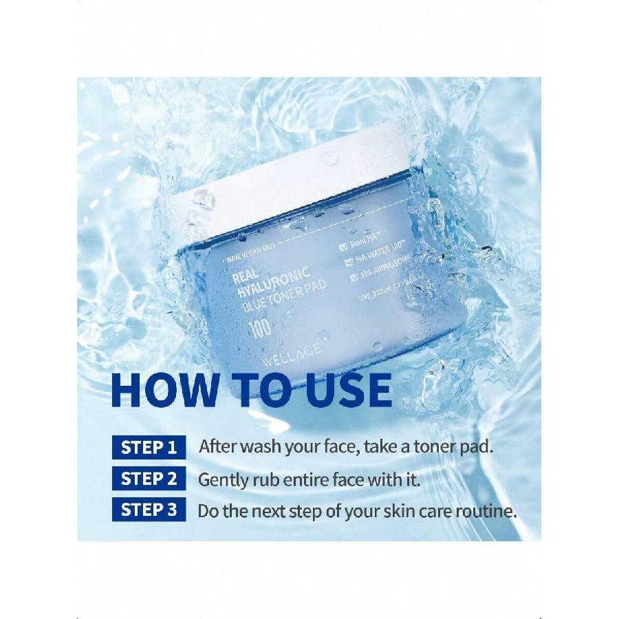 WELLAGE Real Hyaluronic Blue Toner Pad 210ml(70pc) – Korean Skincare Zero Pore Facial Pads 70 Sheets, Hyaluronic Water Jojoba