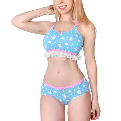LittleForBig Women's 2-Piece Bunny Lingerie Set with Star and Moon Print and Lace Ruffles, Cotton Pajamas, Size 2XL