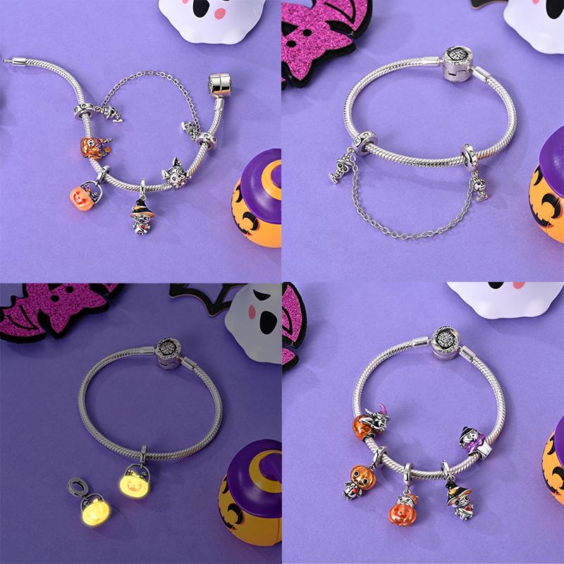 2025 Halloween Party Charms 925 Sterlingsølv Selvlysende Gresskar Spøkelse Flaggermus Perle Hengende Armbånd Halskjede DIY Smykker Festgave